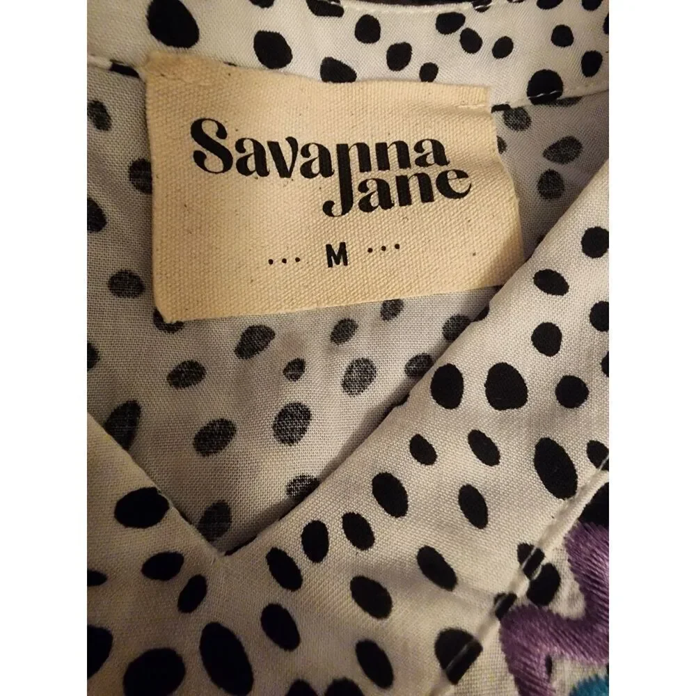 Savanna Jane Boho Blouse Dalmation Print Womens Size M Embroidered Bell Sleeve